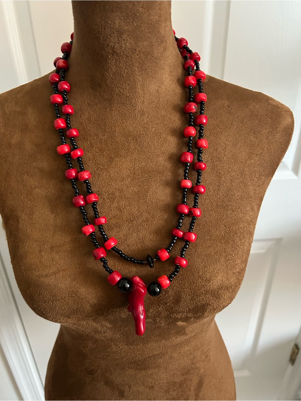 Coral Beaded Double-Strand Necklace with Coral Pendant
